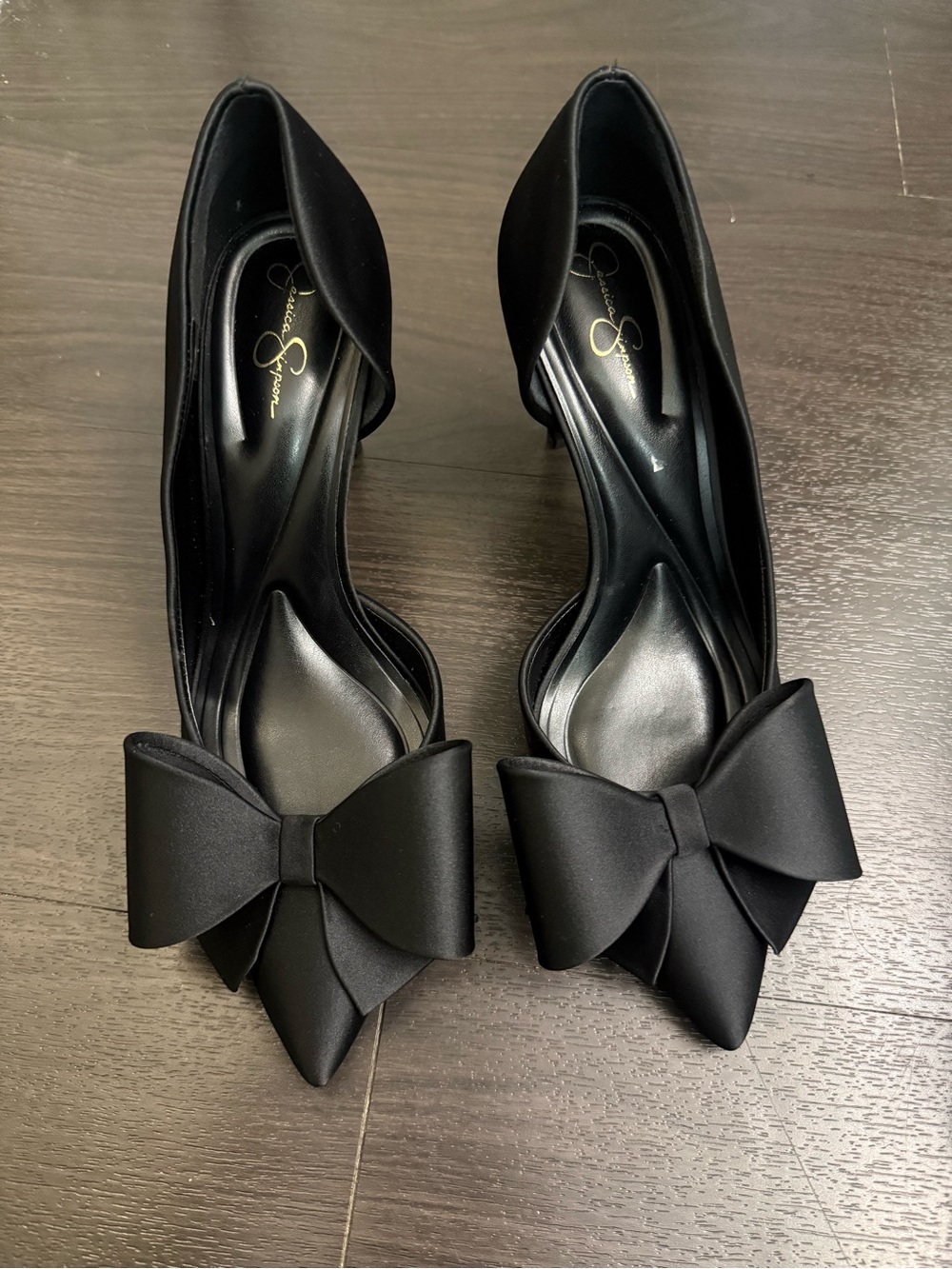Jessica Simpson Black Satin Pointed-Toe Flats with Bow